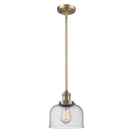 Innovations Lighting Large Bell Vintage Dimmable Led 8" Brushed Brass Mini Pendant, Seedy Glass 201S-BB-G74-LED